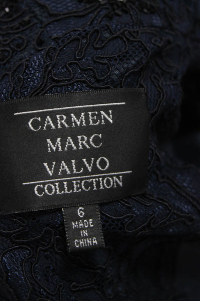 Carmen Marc Valvo Collection Womens Lace Beaded Skirt Suit Navy Blue Size 6