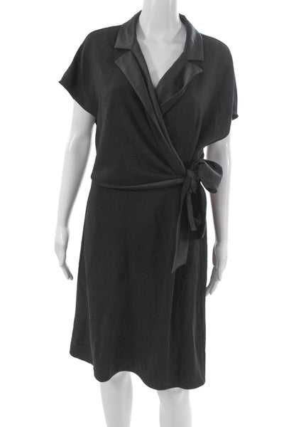 Marella Women Wrap Dress Black Short Sleeve Collared Tie Knee Length Size 10