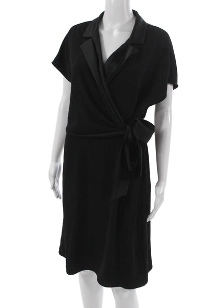 Marella Women Wrap Dress Black Short Sleeve Collared Tie Knee Length Size 10