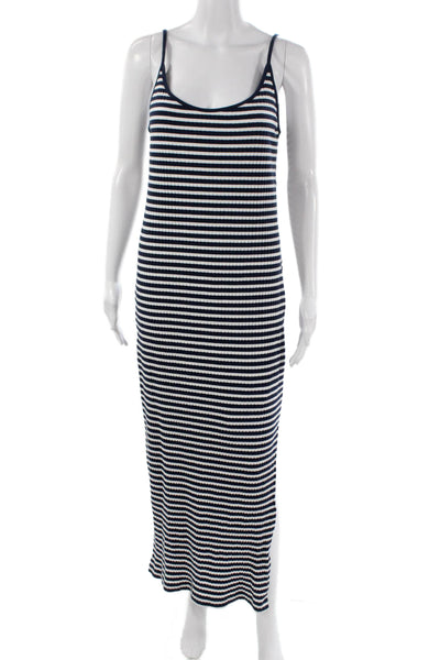Zara Women Striped Blue Cotton Maxi Dress Scoop Neck Sleeveless Size L