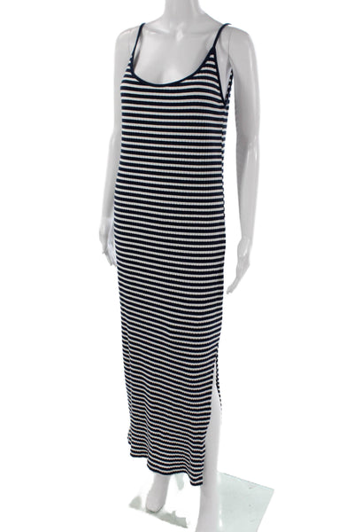 Zara Women Striped Blue Cotton Maxi Dress Scoop Neck Sleeveless Size L