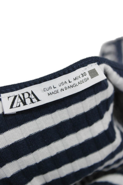 Zara Women Striped Blue Cotton Maxi Dress Scoop Neck Sleeveless Size L