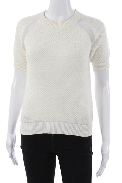 Misha Nonoo Women Pullover Sweater White Crew Neck Short Sleeve Size M