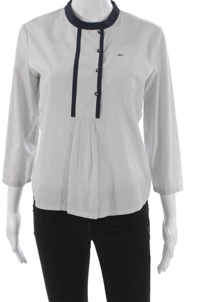 Lacoste Womens White Striped Cotton Collared Button-Up 3/4 Sleeve Top Size 40