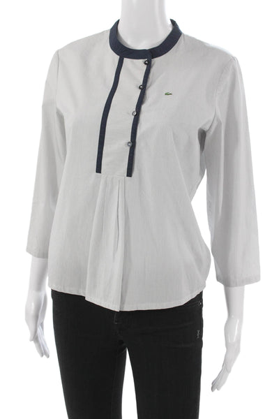 Lacoste Womens White Striped Cotton Collared Button-Up 3/4 Sleeve Top Size 40