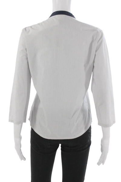 Lacoste Womens White Striped Cotton Collared Button-Up 3/4 Sleeve Top Size 40