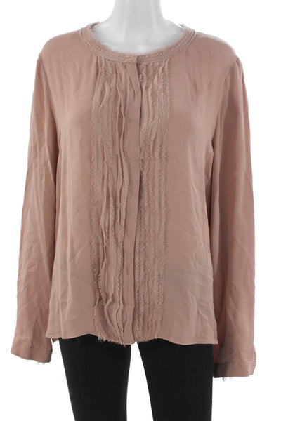 Elie Tahari Womens Pink Silk Basic Blouse Long Sleeve Round Neck Button Size XL