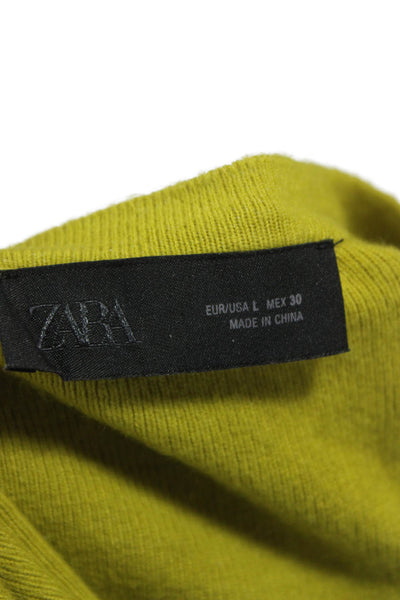 Zara Women Cardigan Solid Green Polyester Long Sleeve Round Neck Size L
