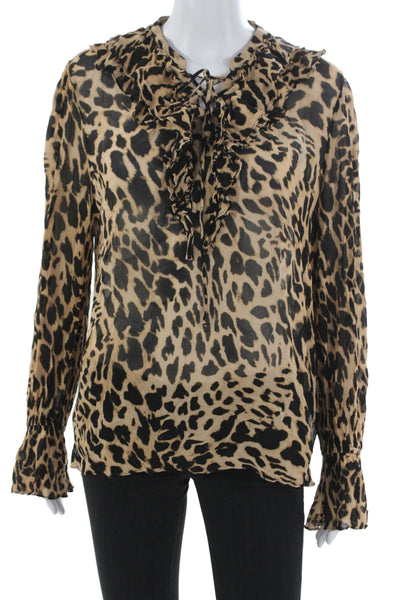 Kobi Halperin Women Beige Animal Print Collar Tie Blouse Long Sleeve Size L