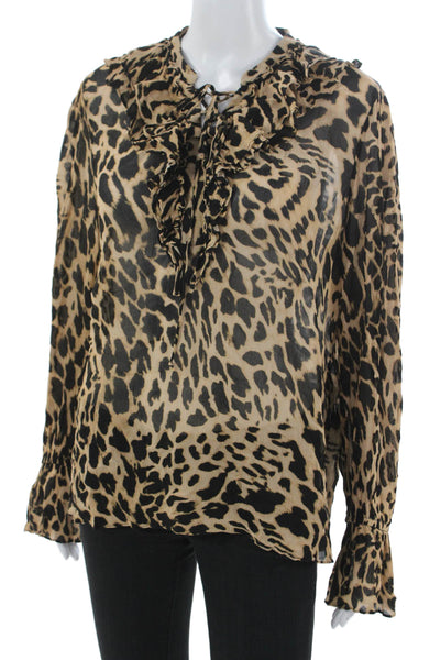 Kobi Halperin Women Beige Animal Print Collar Tie Blouse Long Sleeve Size L