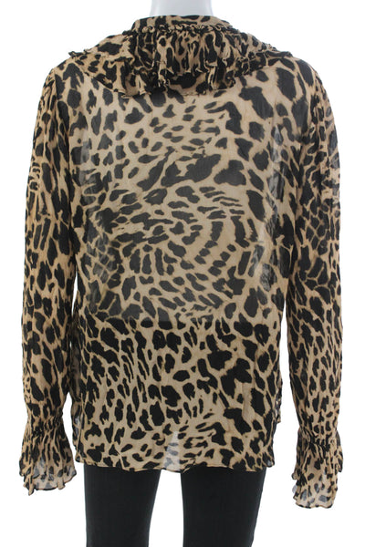 Kobi Halperin Women Beige Animal Print Collar Tie Blouse Long Sleeve Size L