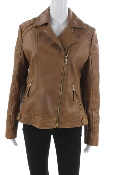 Neiman Marcus Women Motorcycle Leather Jacket Brown Zip Long Sleeve Size L
