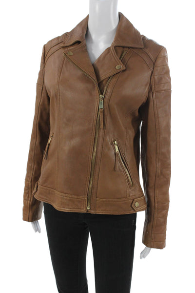 Neiman Marcus Women Motorcycle Leather Jacket Brown Zip Long Sleeve Size L
