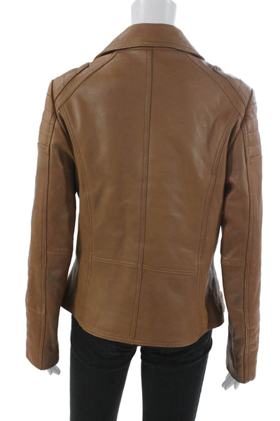 Neiman Marcus Women Motorcycle Leather Jacket Brown Zip Long Sleeve Size L