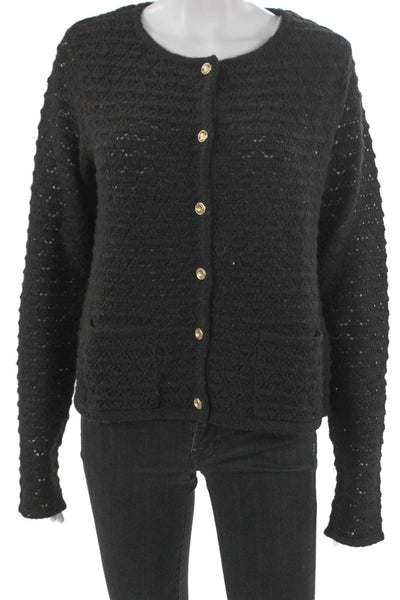 Stitches + Stripes Women Cardigan Black Polyester Round Neck Long Sleeve Size M