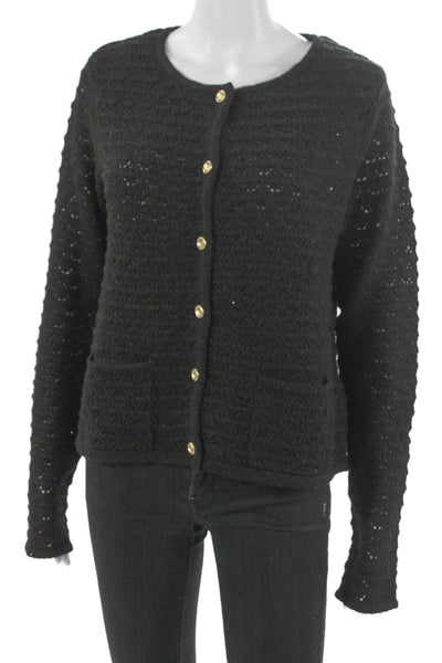 Stitches + Stripes Women Cardigan Black Polyester Round Neck Long Sleeve Size M