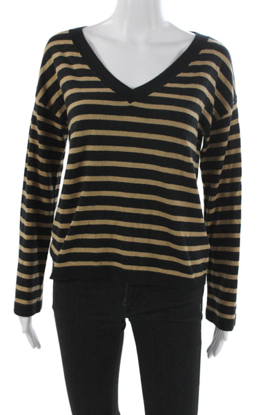 Minnie Rose Women Black Striped V-Neck Pullover Cotton Long Sleeve Size XS