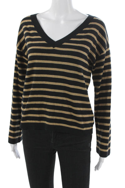 Minnie Rose Women Black Striped V-Neck Pullover Cotton Long Sleeve Size XS
