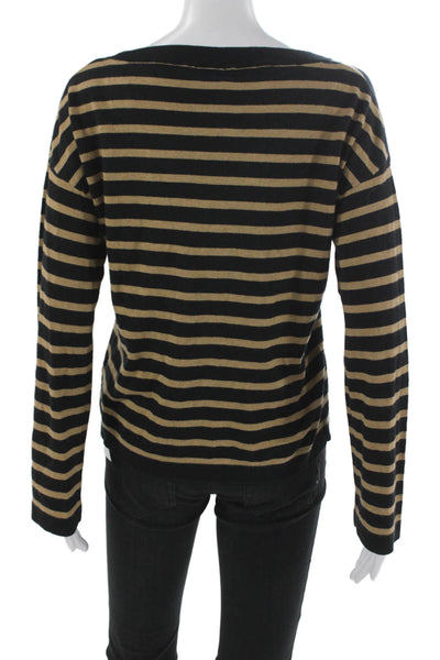 Minnie Rose Women Black Striped V-Neck Pullover Cotton Long Sleeve Size XS