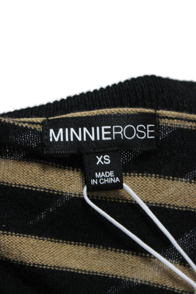 Minnie Rose Women Black Striped V-Neck Pullover Cotton Long Sleeve Size XS