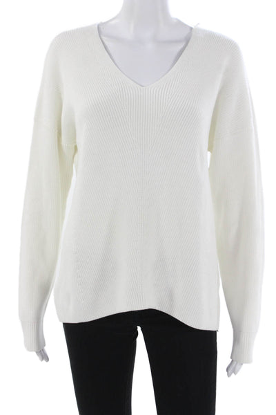Kokun Womens V-Neck Pullover Sweater Long Sleeve 100% Cotton White Size L