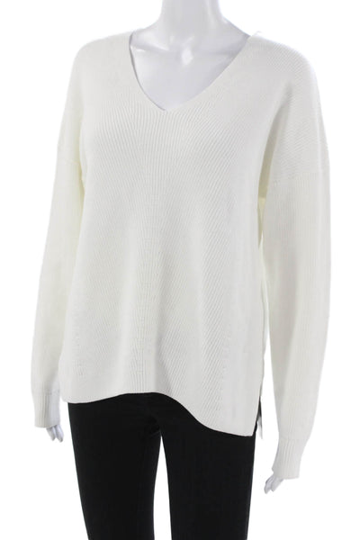 Kokun Womens V-Neck Pullover Sweater Long Sleeve 100% Cotton White Size L
