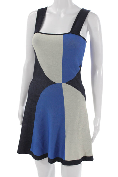 Misa Womens Blue A-Line Geometric Square Neck Sleeveless Mini Dress Size S