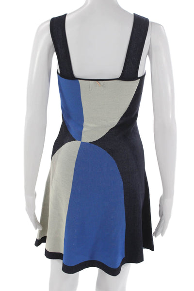 Misa Womens Blue A-Line Geometric Square Neck Sleeveless Mini Dress Size S