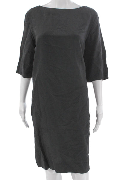 Marni Women Shift Dress Black Linen Boat Neck 3/4 Sleeve Knee Length Size L