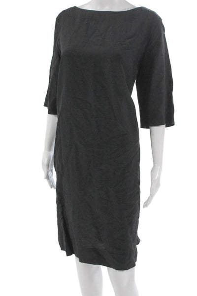 Marni Women Shift Dress Black Linen Boat Neck 3/4 Sleeve Knee Length Size L