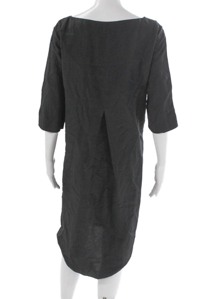 Marni Women Shift Dress Black Linen Boat Neck 3/4 Sleeve Knee Length Size L