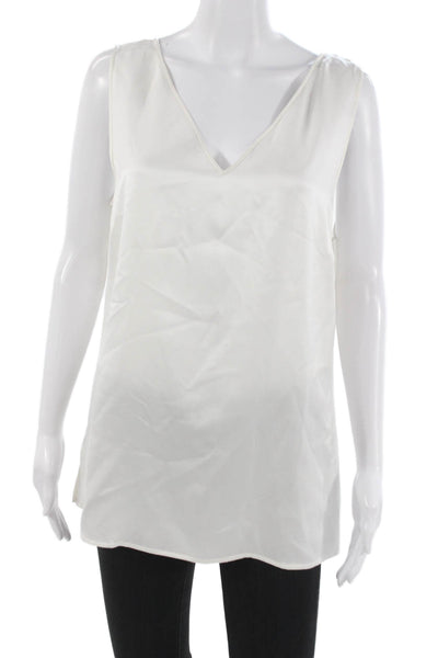 Ravella Womens Silk V-Neck Sleeveless Tunic Blouse White Pullover Size L