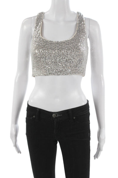 Dress the Population Women Cropped Tank Silver Scoop Neck Sleeveless Size XS