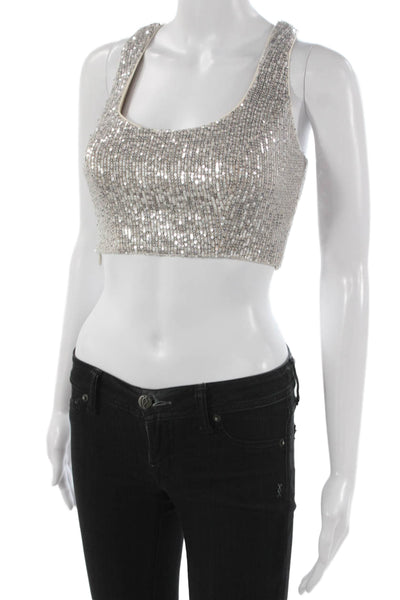 Dress the Population Women Cropped Tank Silver Scoop Neck Sleeveless Size XS