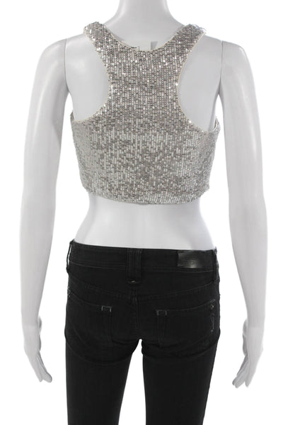 Dress the Population Women Cropped Tank Silver Scoop Neck Sleeveless Size XS