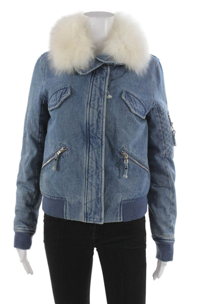 Generation Love Womens Bomber Jacket Blue Zip Cotton Blend Size M