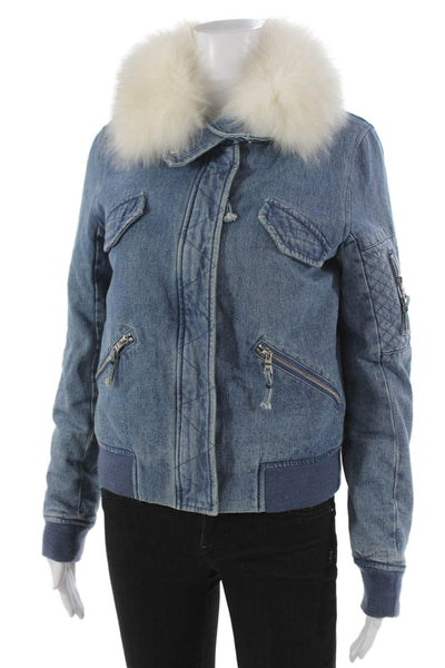 Generation Love Womens Bomber Jacket Blue Zip Cotton Blend Size M