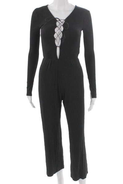LNA Women Jumpsuit Black V Neck Long Sleeve Lace Up Rayon Size XS