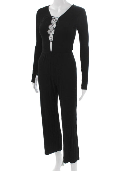 LNA Women Jumpsuit Black V Neck Long Sleeve Lace Up Rayon Size XS