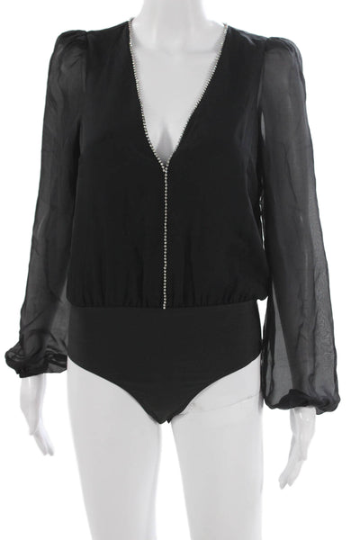 Cami NYC Women Silk One Piece Bodysuit Black V-Neck Long Sleeve Size 2XS