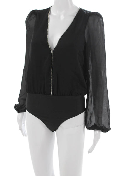 Cami NYC Women Silk One Piece Bodysuit Black V-Neck Long Sleeve Size 2XS