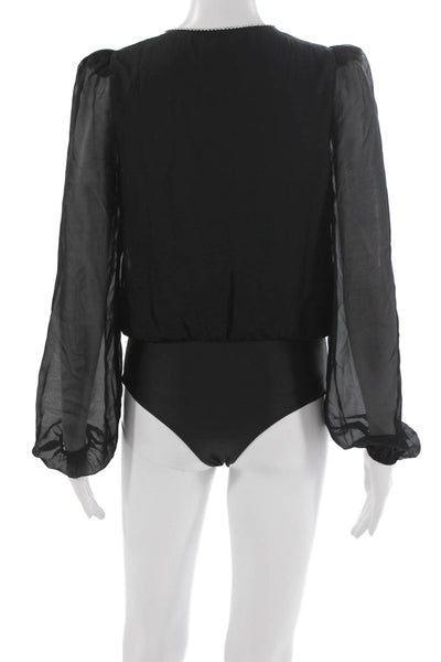 Cami NYC Women Silk One Piece Bodysuit Black V-Neck Long Sleeve Size 2XS