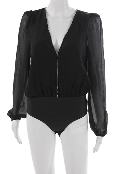 Cami NYC Women Silk V Neck Long Sleeve One Piece Bodysuit Black Size XS