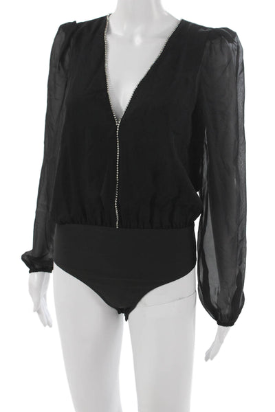 Cami NYC Women Silk V Neck Long Sleeve One Piece Bodysuit Black Size XS