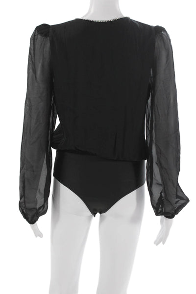 Cami NYC Women Silk V Neck Long Sleeve One Piece Bodysuit Black Size XS