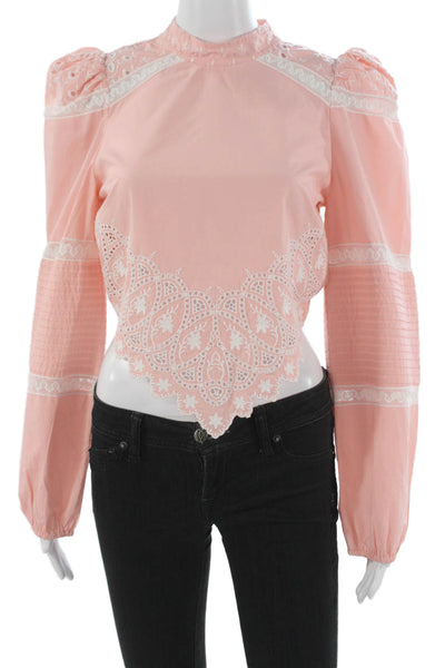 Love Shack Fancy Women Cropped Floral High Neck Long Sleeve Blouse Size S