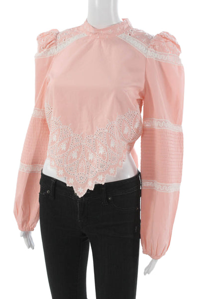 Love Shack Fancy Women Cropped Floral High Neck Long Sleeve Blouse Size S