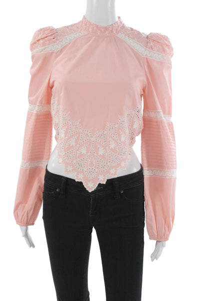 Love Shack Fancy Women Cropped Pink Cotton Mock Neck Long Sleeve Blouse Size XS