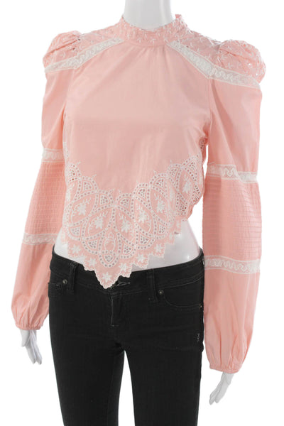 Love Shack Fancy Women Cropped Pink Cotton Mock Neck Long Sleeve Blouse Size XS