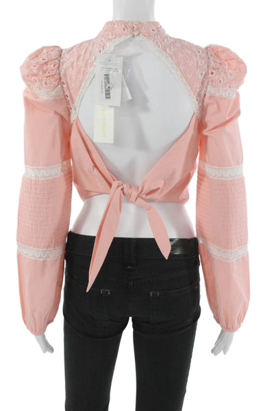 Love Shack Fancy Women Cropped Pink Cotton Mock Neck Long Sleeve Blouse Size XS